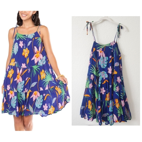 Tori Richard Tropical Floral Print Gauze Crinkle Tie Shoulders Dress XS Boho - Picture 1 of 11